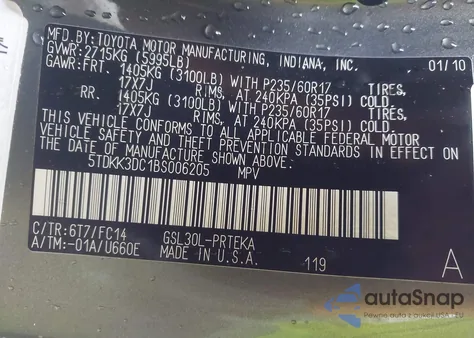 2011 Toyota Sienna Le V6 из США, поврежденный, VIN 5TDKK3DC1BS006205